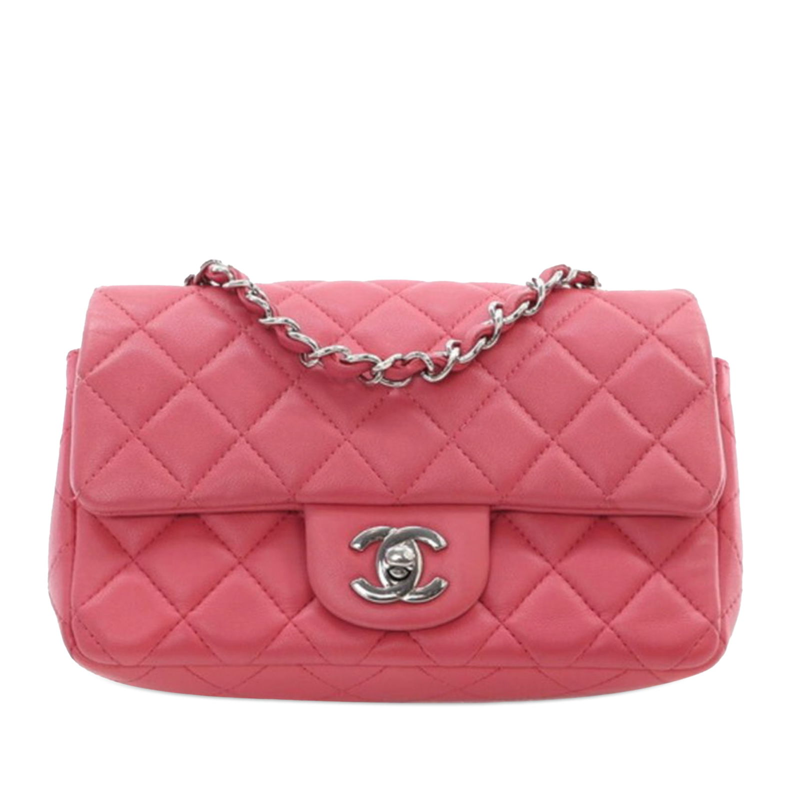 Chanel Mini Rectangular Classic Lambskin Flap Bag Pink: Chanel Mini Rectangular Classic Lambskin Flap Bag Pink Introducing the Chanel Mini Rectangular Classic Lambskin Single Flap, an elegant handbag crafted from luxurious quilted lambskin leather. This ch