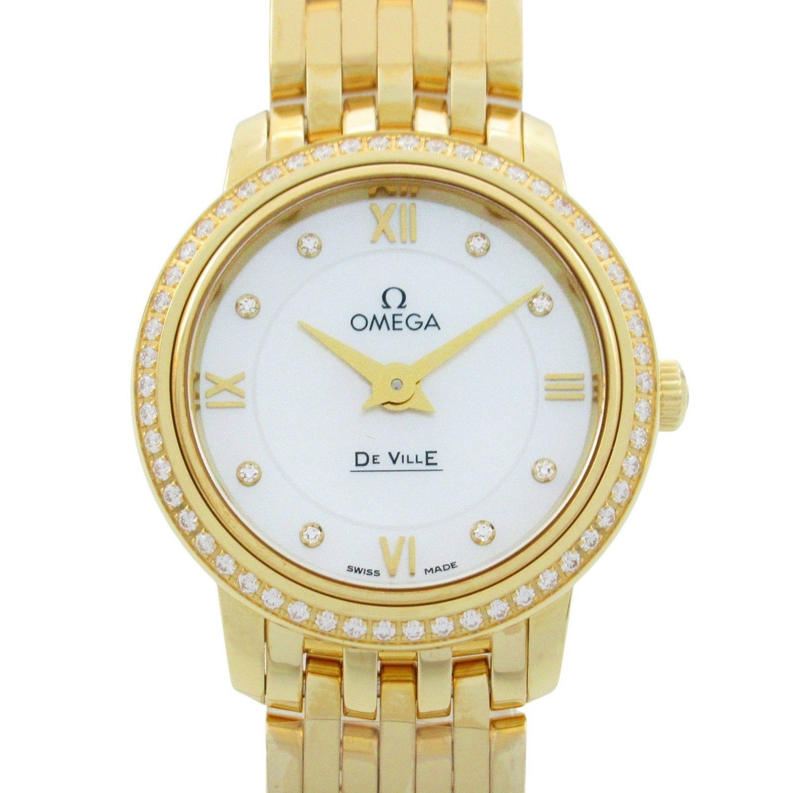 Yellow Gold Omega De Ville Women's Swiss Watch 24mm: Yellow Gold Omega De Ville Women's Swiss Watch 24mm This Omega De Ville wristwatch features a yellow gold case and bracelet, designed for women. The watch is gold in color and was crafted in Switzerla