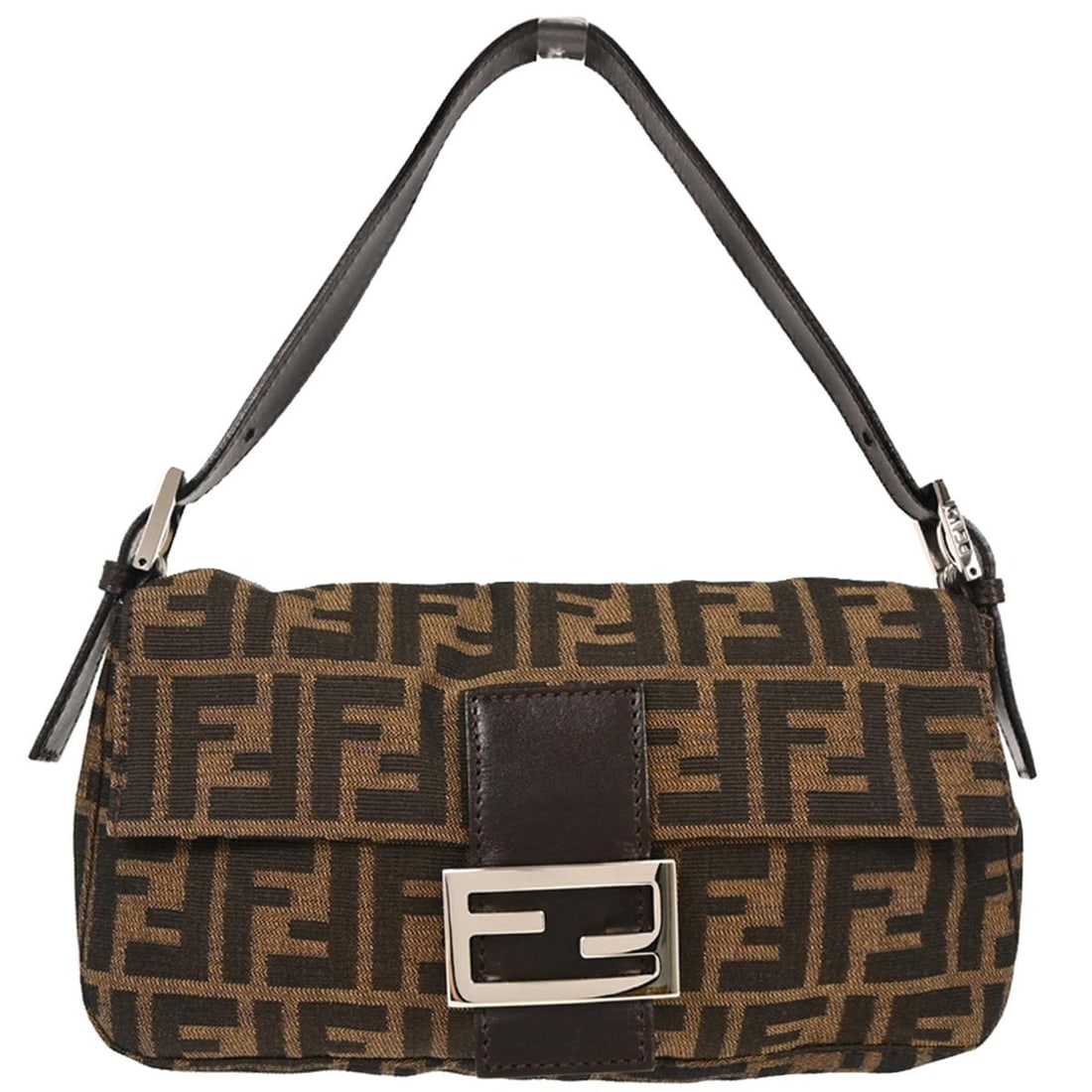 Fendi Brown Canvas Zucca Baguette Handbag 50526424008: Fendi Brown Canvas Zucca Baguette Handbag 50526424008 This stylish Fendi Brown Canvas Zucca Baguette Handbag is perfect for casual occasions. It features a medium-sized design with a width of 10 in, h