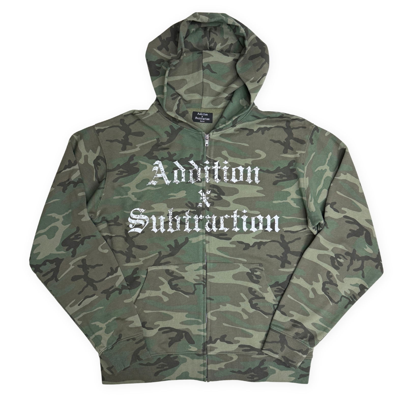 Camo Zip-Up Hoodie by Addition By Subtraction Size Medium: Camo Zip-Up Hoodie by Addition By Subtraction Size Medium This Addition X Subtraction camo zip-up hoodie offers a blend of timeless style and everyday comfort. Made from a premium cotton-blend fleece,