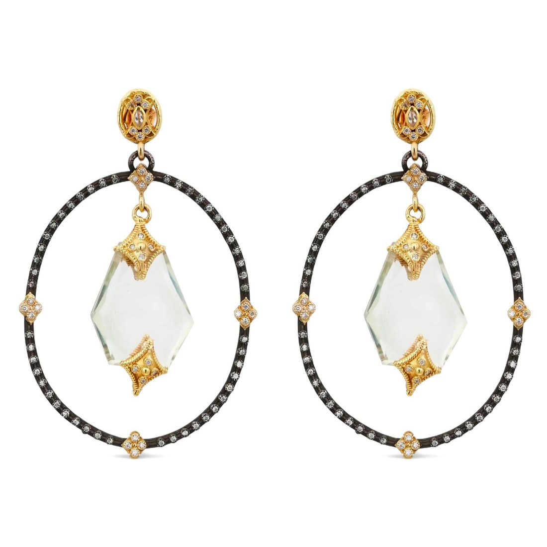 18k Yellow Gold and Silver Armenta Crivelli Diamond Dangle Earrings with Crystal Drop: 18k Yellow Gold and Silver Armenta Crivelli Diamond Dangle Earrings with Crystal Drop These Armenta Crivelli drop earrings feature an elegant oval design crafted from 18k yellow gold and silver with b