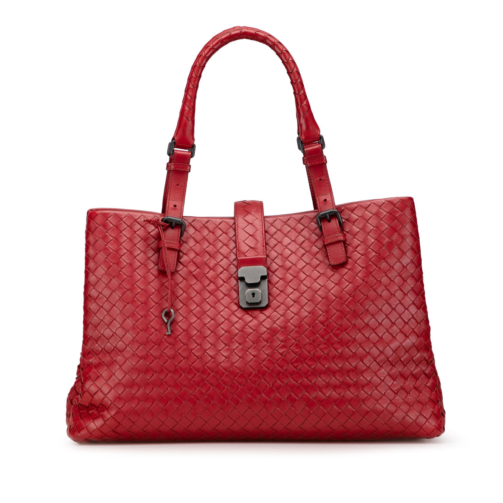 Bottega Veneta Medium Roma Tote Red Woven Nappa Leather Italy: Bottega Veneta Medium Roma Tote Red Woven Nappa Leather Italy The Medium Nappa Intrecciato Roma Tote by Bottega Veneta is a stunning accessory crafted from woven nappa leather. This elegant tote featu