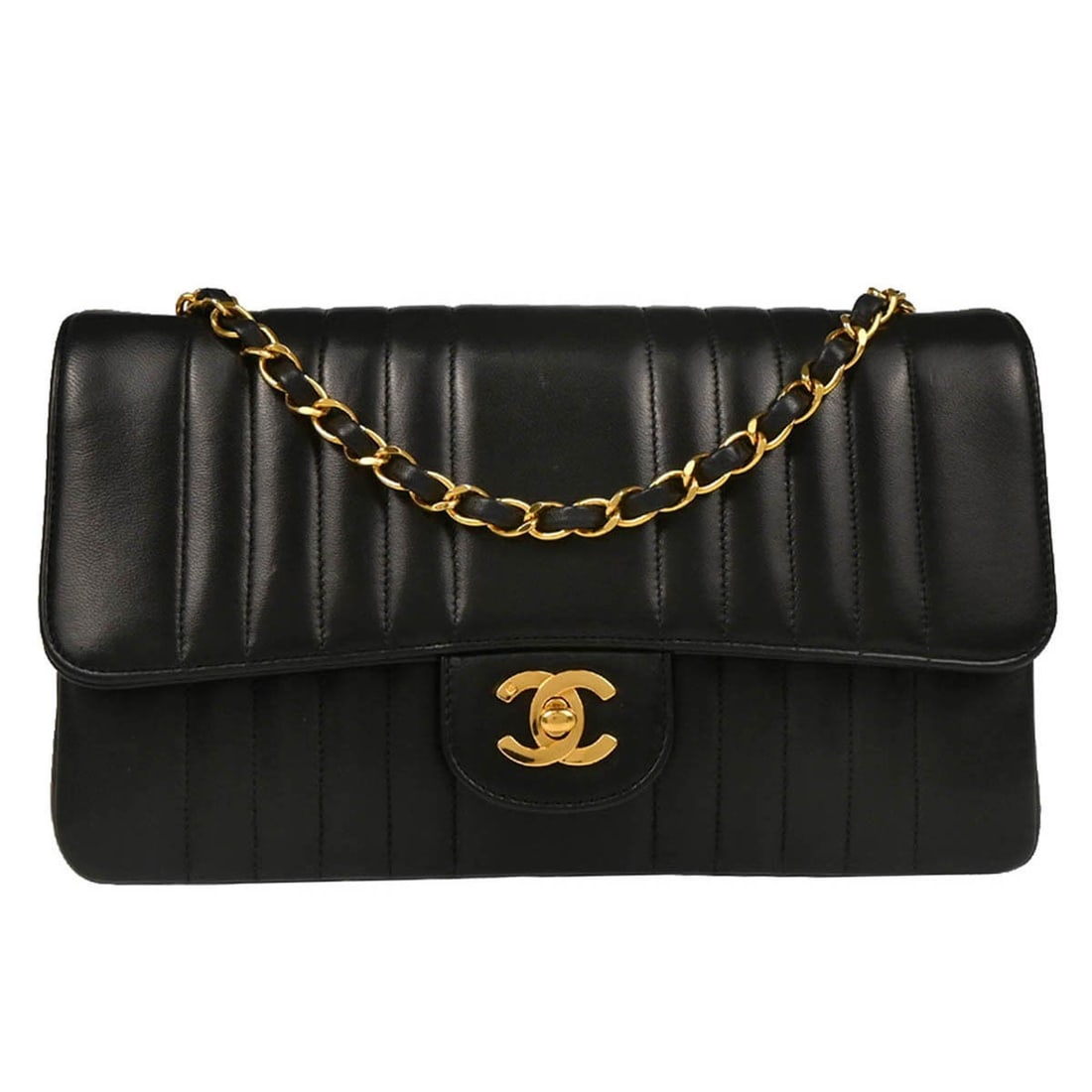 Black Lambskin Vertical Stitch Mademoiselle Shoulder Bag by Chanel: Black Lambskin Vertical Stitch Mademoiselle Shoulder Bag by Chanel This Chanel Mademoiselle single flap shoulder bag is crafted from black lambskin leather and features a distinctive vertical stitch q