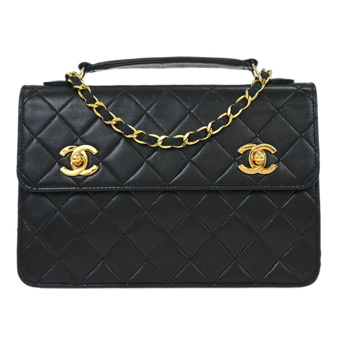 Chanel Medium Black Lambskin Top Handle Bag with Logo Accent: Chanel Medium Black Lambskin Top Handle Bag with Logo Accent This Chanel black lambskin handbag features a classic top handle design and a non-adjustable strap, offering versatile 2-way carrying optio