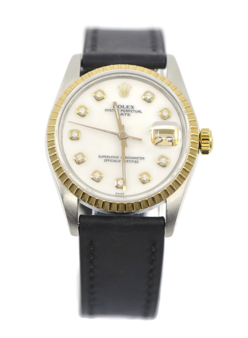 Rolex Oyster Perpetual Date Ref 15053 34mm Automatic Steel and 18K Gold Watch: Rolex Oyster Perpetual Date Ref 15053 34mm Automatic Steel and 18K Gold Watch This is a pre-owned Rolex Oyster Perpetual Date wristwatch, model reference 15053, manufactured in 1988. The watch feature