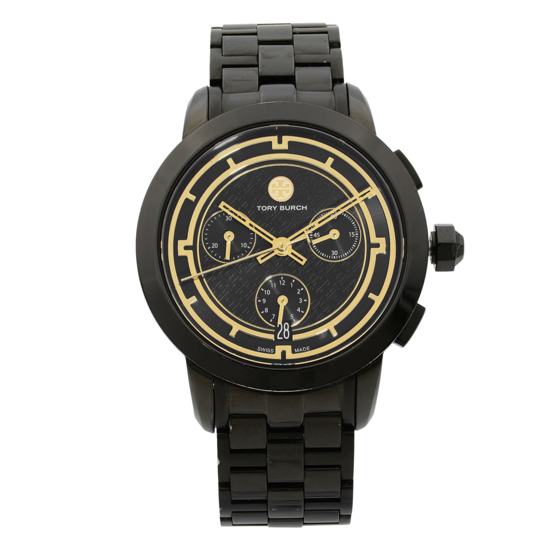 Tory Burch TRB1025 Black Stainless Steel Quartz Ladies Watch: Tory Burch TRB1025 Black Stainless Steel Quartz Ladies Watch The Tory Burch Black Ion Plated Stainless Steel Quartz Ladies Watch TRB1025 is a stylish and modern wristwatch designed for the contemporar