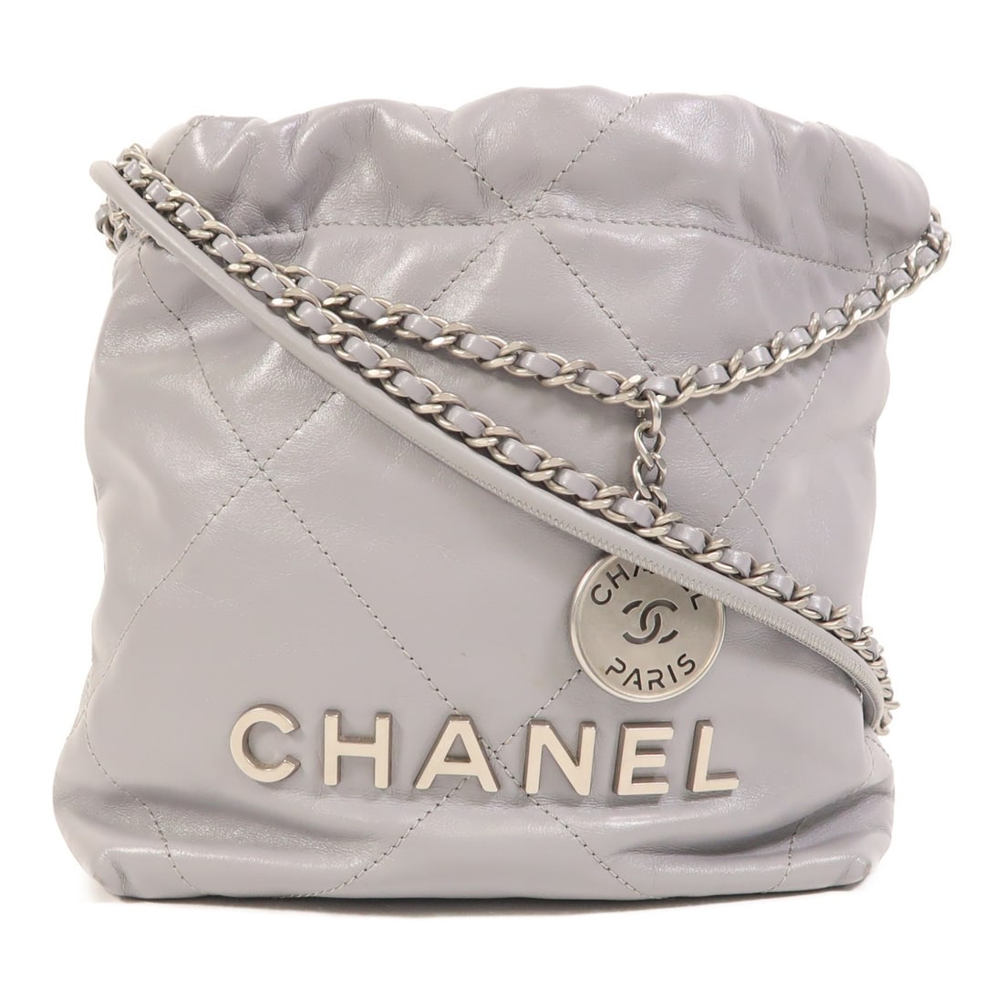 Chanel Mini 22 Grey Calfskin Chain Shoulder Bag with Silver Tone Hardware: Chanel Mini 22 Grey Calfskin Chain Shoulder Bag with Silver Tone Hardware This CHANEL Mini 22 Chain Shoulder Bag features a chic design crafted from supple calfskin leather in a sophisticated grey hue