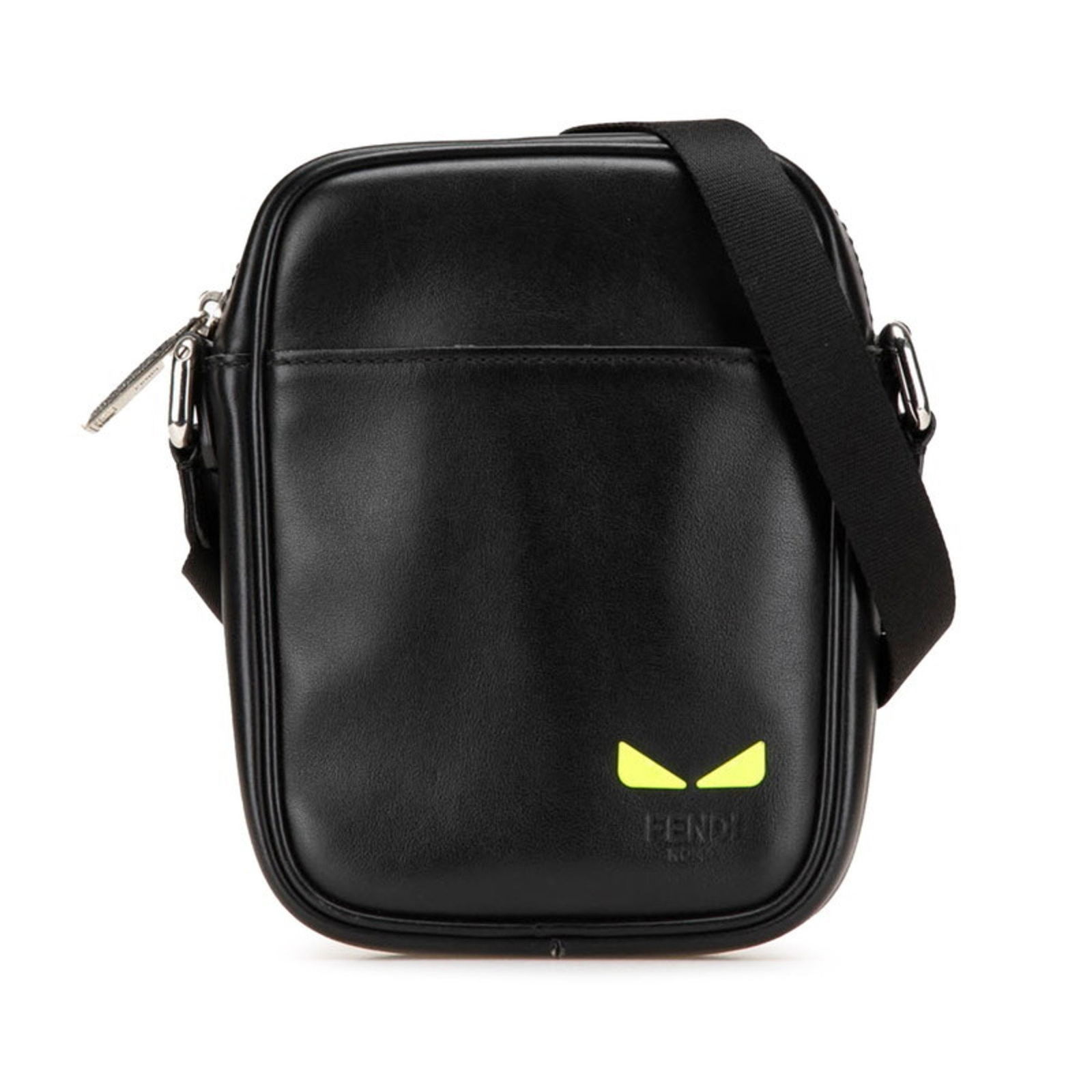 Black Leather Fendi Monster Bag Italy 17.5cm x 13cm x 4.5cm: Black Leather Fendi Monster Bag Italy 17.5cm x 13cm x 4.5cm This Fendi Monster bag features a black leather exterior and compact dimensions, designed for men. The bag is crafted in Italy, showcasing F