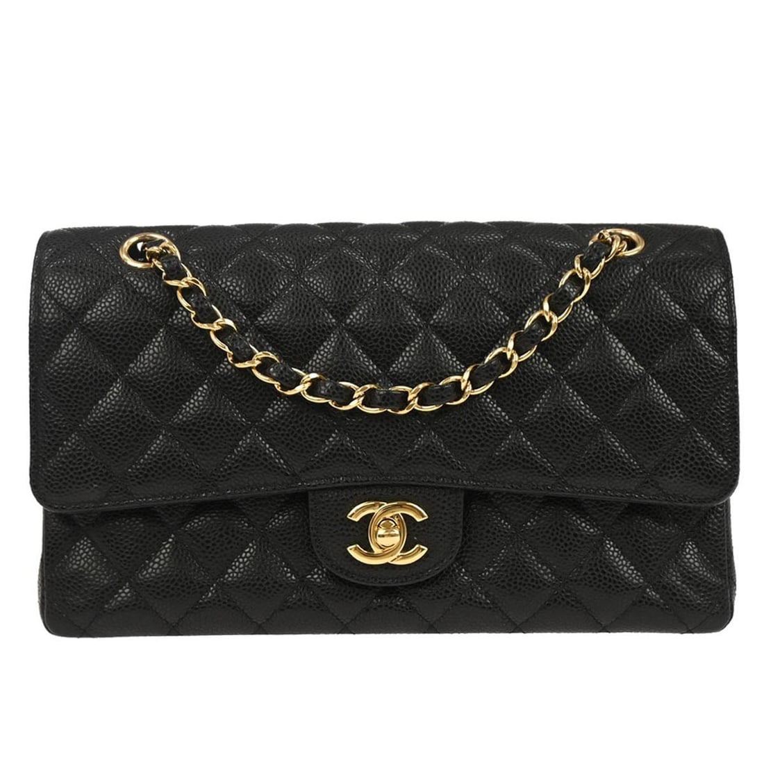 Medium Classic Double Flap Shoulder Bag in Black Caviar Leather by Chanel: Medium Classic Double Flap Shoulder Bag in Black Caviar Leather by Chanel This Chanel Medium Classic Double Flap Shoulder Bag is crafted from black caviar skin leather and features the iconic matelass