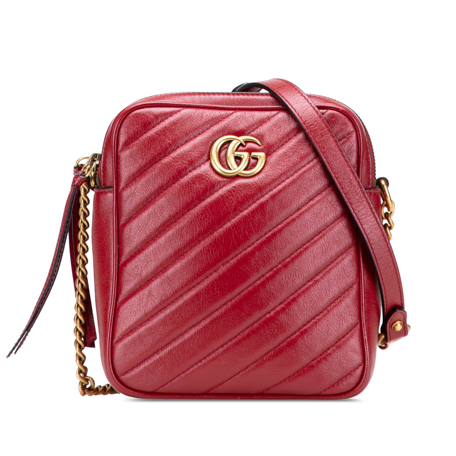 Gucci GG Marmont Red Leather Crossbody Bag with Gold Chain: Gucci GG Marmont Red Leather Crossbody Bag with Gold Chain Introducing the Gucci GG Marmont Matelasse Leather Double Zip Crossbody, a stylish accessory crafted from luxurious quilted leather in a vibr