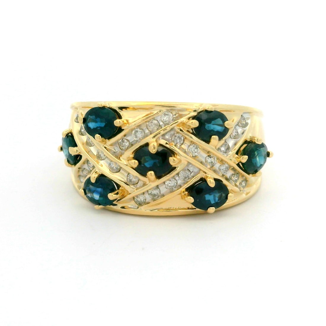 14k Yellow Gold Wide Band Cocktail Ring Sapphire Diamond: 14k Yellow Gold Wide Band Cocktail Ring Sapphire Diamond This stunning 14k Yellow Gold cocktail ring showcases a beautifully intricate basket weave design. It features a captivating oval cut sapphire,