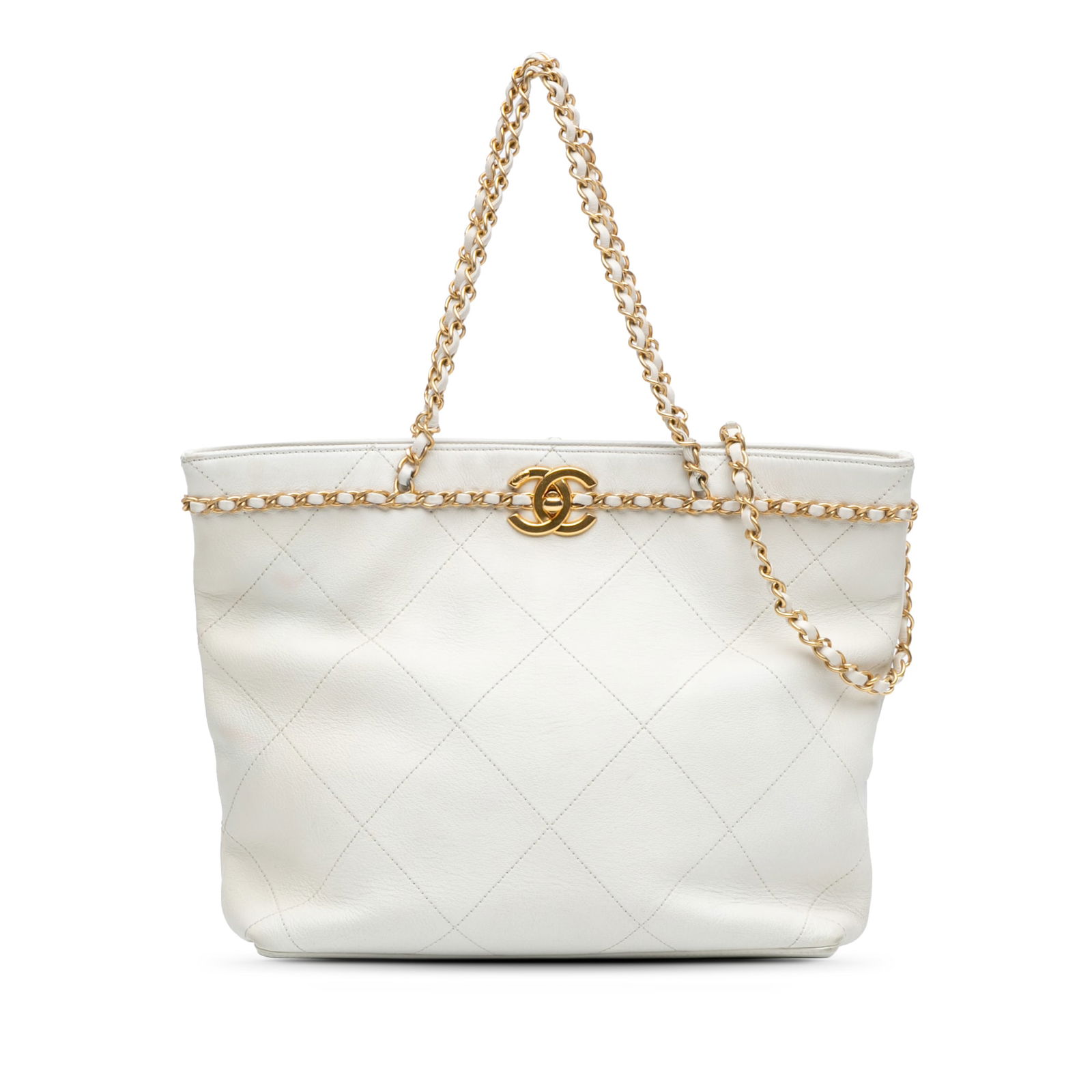 Chanel White Quilted Calfskin CC Lock Chain Tote Bag: Chanel White Quilted Calfskin CC Lock Chain Tote Bag The Chanel Quilted Calfskin CC Lock Chain Shopping Tote is a stylish and practical bag crafted from high-quality calfskin leather. This sophisticat