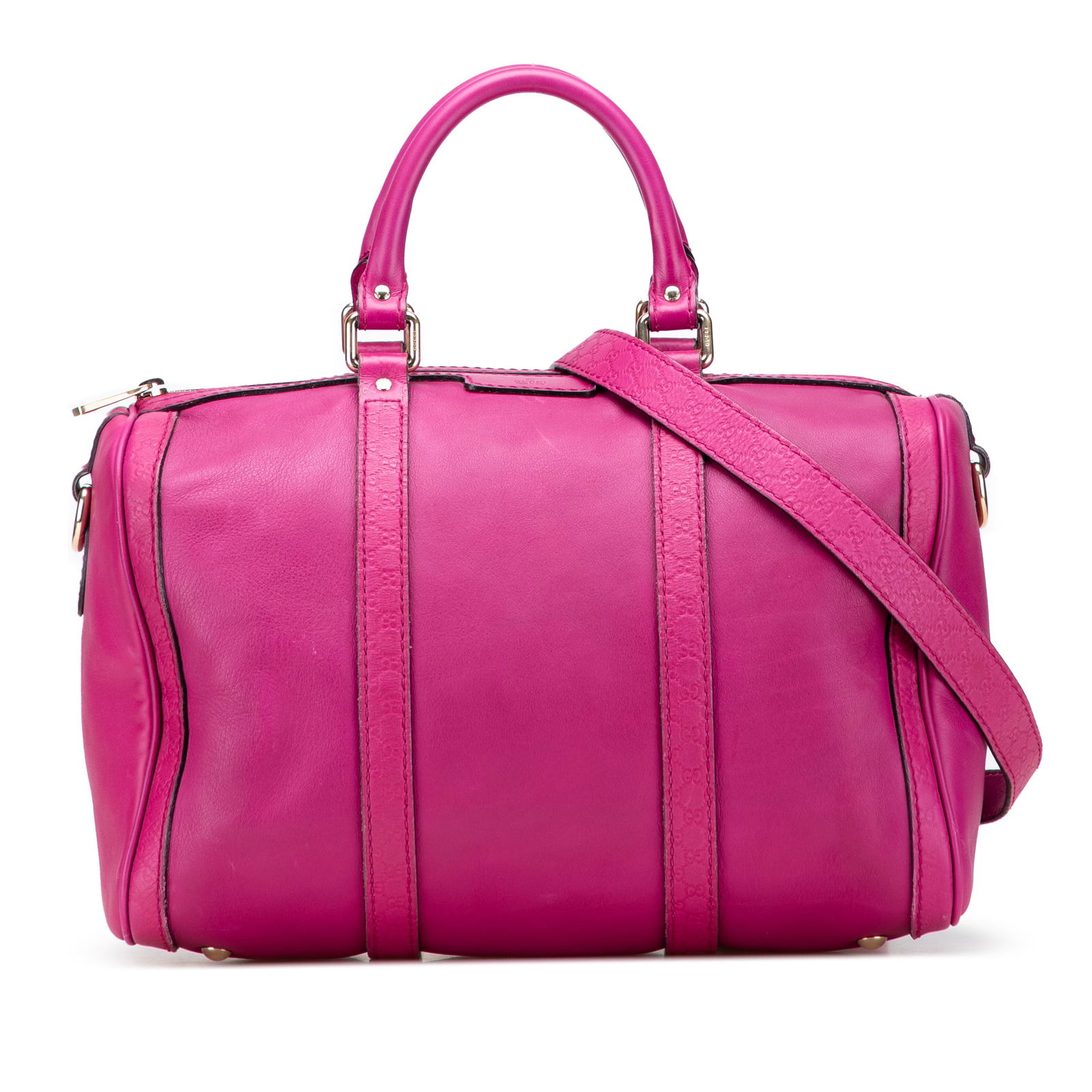 Gucci Pink Calfskin Joy Boston Bag with Detachable Strap: Gucci Pink Calfskin Joy Boston Bag with Detachable Strap The Gucci Calfskin Joy Boston Bag is a stylish and functional satchel crafted from high-quality leather. This elegant bag features rolled leath