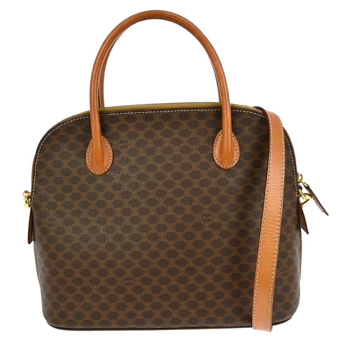 Celine Macadam Brown Medium PVC Leather Top Handle Two Way Bag: Celine Macadam Brown Medium PVC Leather Top Handle Two Way Bag This Celine Macadam 2-way handbag features the iconic brown Macadam pattern and is crafted from PVC leather. It has a medium size with do