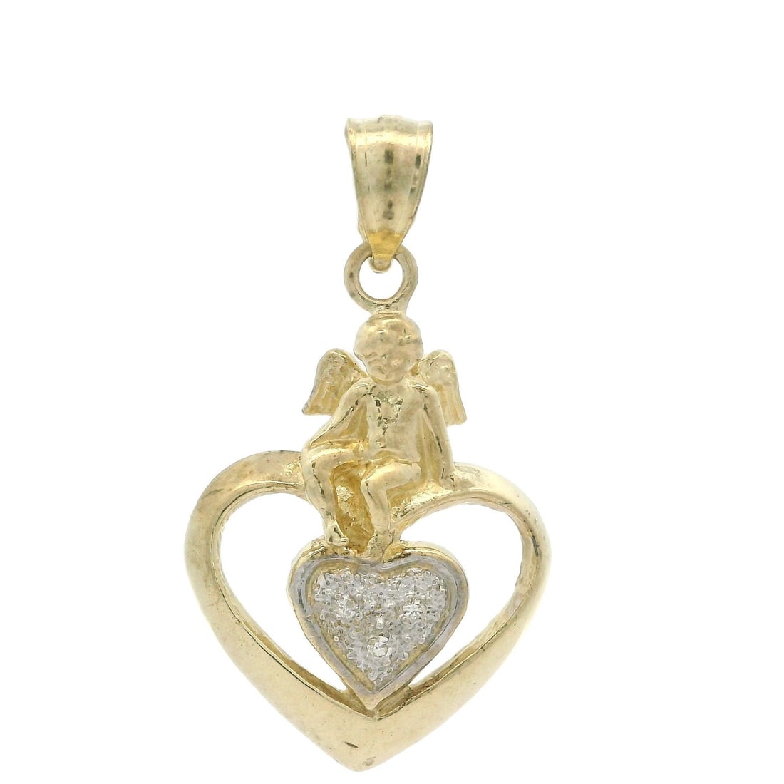 10k Yellow Gold Diamond Cherub Heart Pendant Charm: 10k Yellow Gold Diamond Cherub Heart Pendant Charm This exquisite pendant charm features a charming angel cherub sitting atop a heart, crafted from solid 10k yellow gold with elegant white gold accent