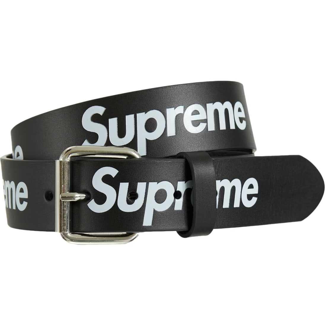 Black Leather Belt with Repeating Supreme Logo Design: Black Leather Belt with Repeating Supreme Logo Design The Supreme Repeat Black Leather Belt is crafted from high-quality black leather and features a repeating Supreme logo design. It is equipped with