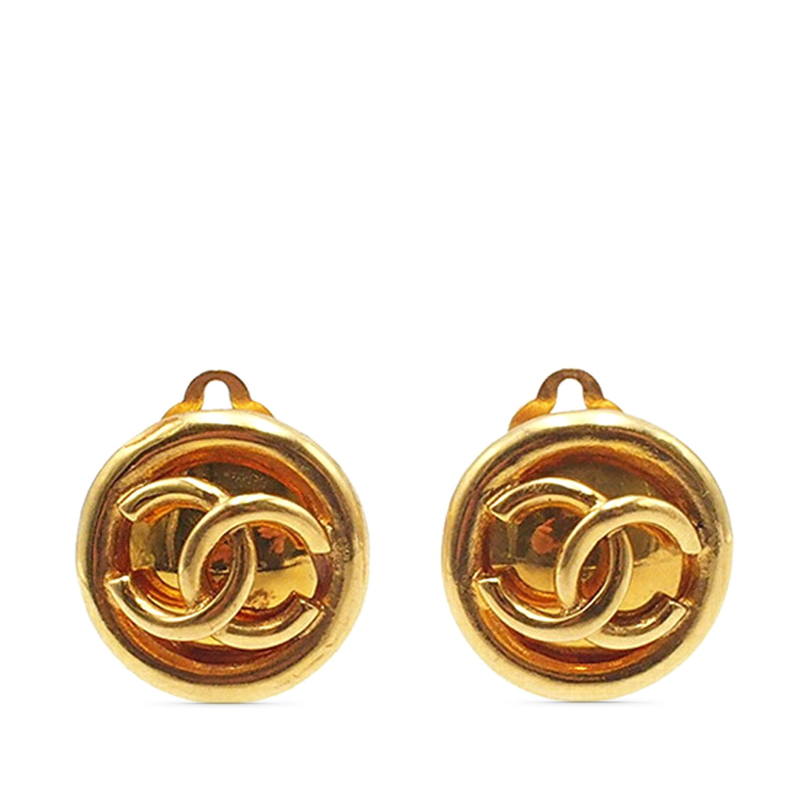 Chanel Round Gold Plated Clip Earrings with CC Logo: Chanel Round Gold Plated Clip Earrings with CC Logo These Chanel earrings feature a round gold-plated metal design with clip-on closures. Made in France, they are part of the brand's costume jewelry c