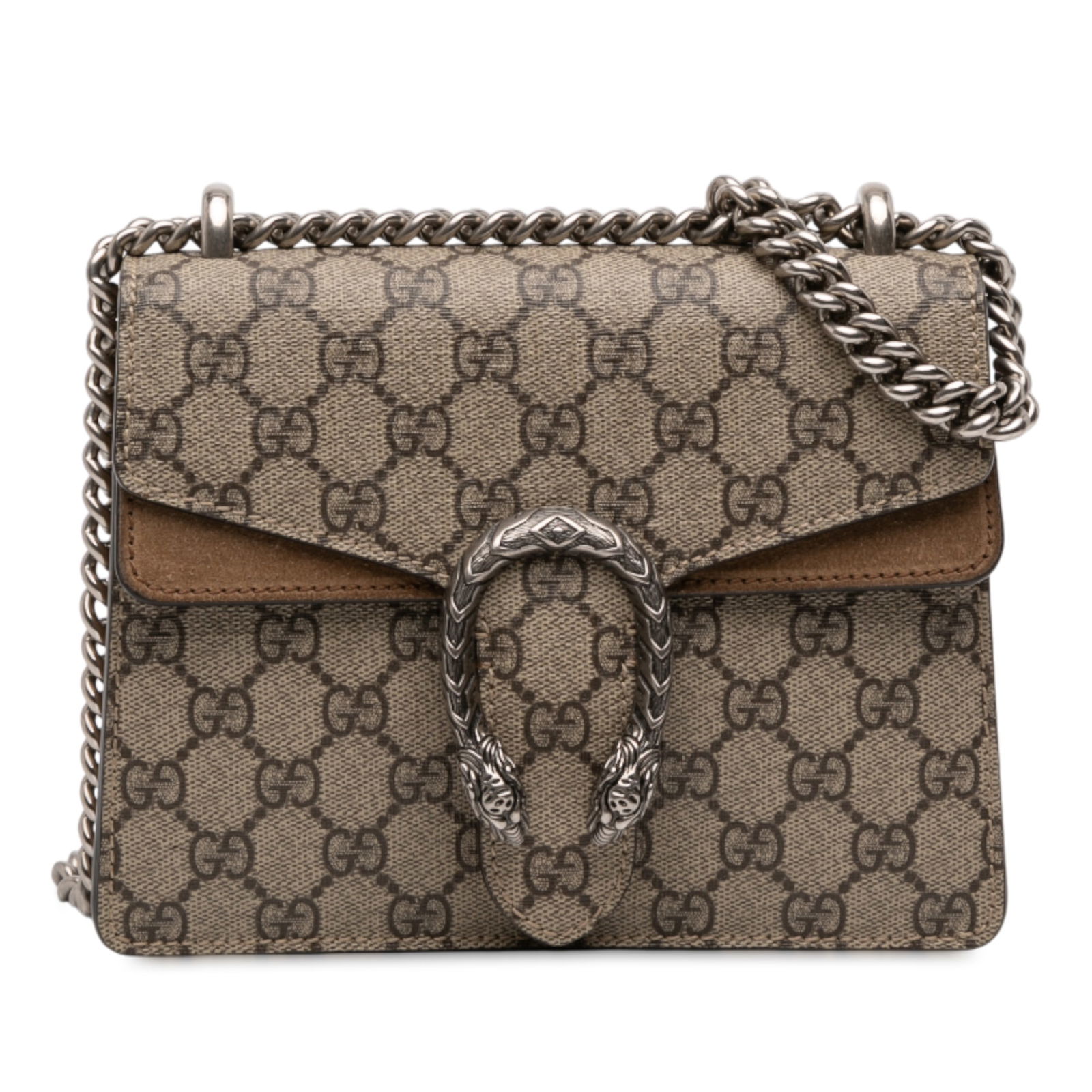 Gucci Dionysus Small GG Supreme Coated Canvas Crossbody Bag: Gucci Dionysus Small GG Supreme Coated Canvas Crossbody Bag This Gucci Small GG Supreme Dionysus Crossbody bag features a coated canvas body with suede leather trim, a silver-tone chain strap, and a t