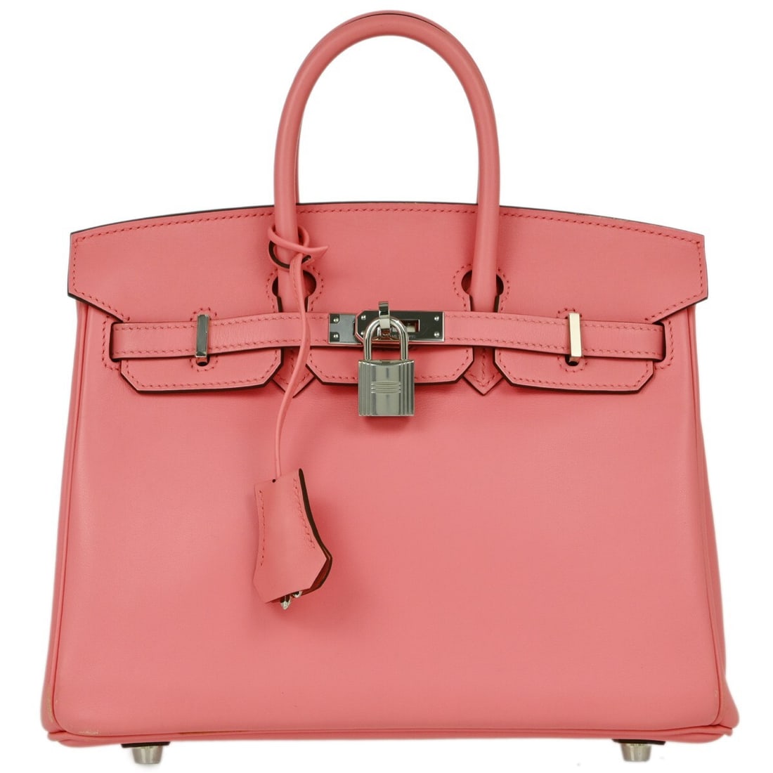 Hermes Birkin 25 Pink Swift Handbag YCT118DY with Lock Studs: Hermes Birkin 25 Pink Swift Handbag YCT118DY with Lock Studs Introducing the exquisite Hermes Pink Swift Birkin 25 Handbag, a luxurious addition to any collection. This medium-sized top handle bag fea
