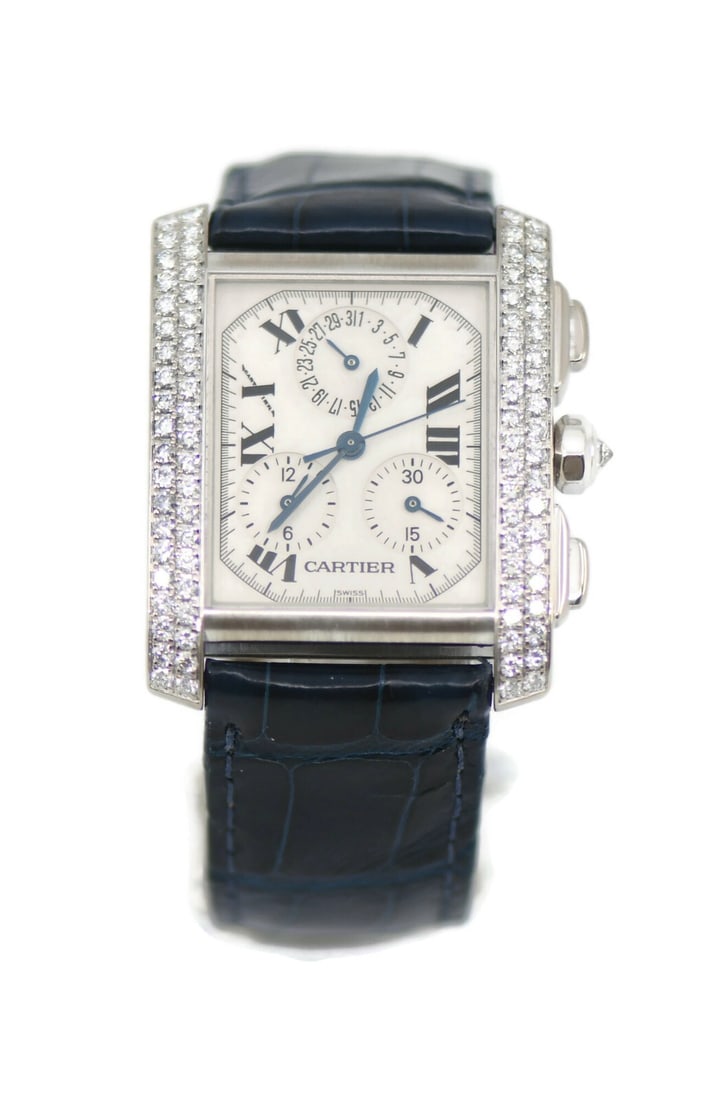 Cartier Tank Chronoflex Diamond 18K White Gold Watch Ref 2367 with Box and Papers: Cartier Tank Chronoflex Diamond 18K White Gold Watch Ref 2367 with Box and Papers This exquisite Cartier Tank Chronoflex watch features an elegant 18K white gold case measuring 28mm x 46mm. The stunni
