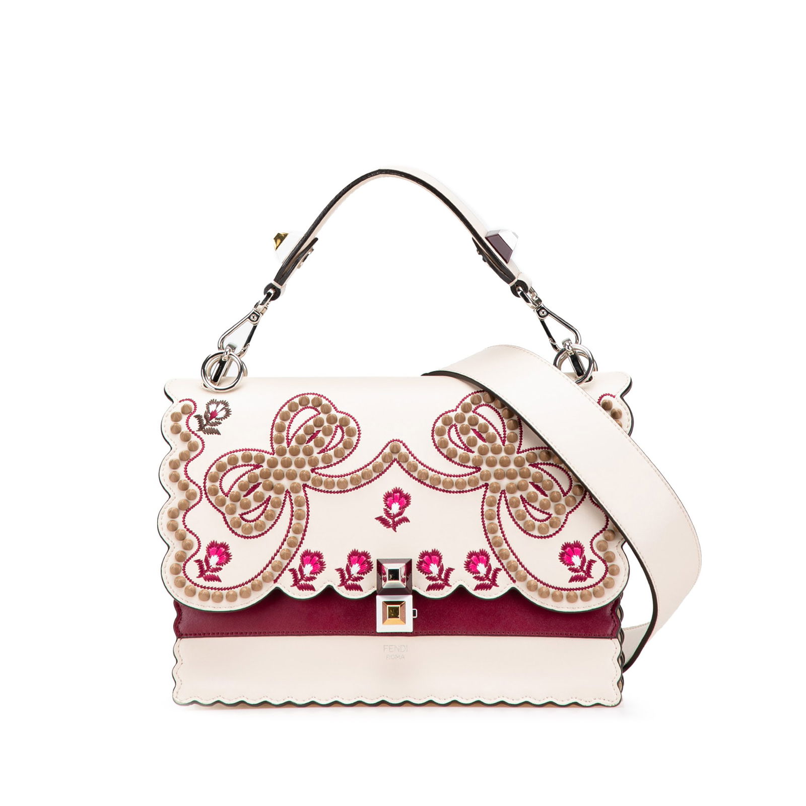 Fendi Medium Vitello Liberty Lucido Scalloped Studded Kan I Satchel Brown Leather: Fendi Medium Vitello Liberty Lucido Scalloped Studded Kan I Satchel Brown Leather The Fendi Medium Vitello Liberty Lucido Flowers and Bows Scalloped Studded Kan I Satchel showcases a stylish studded l