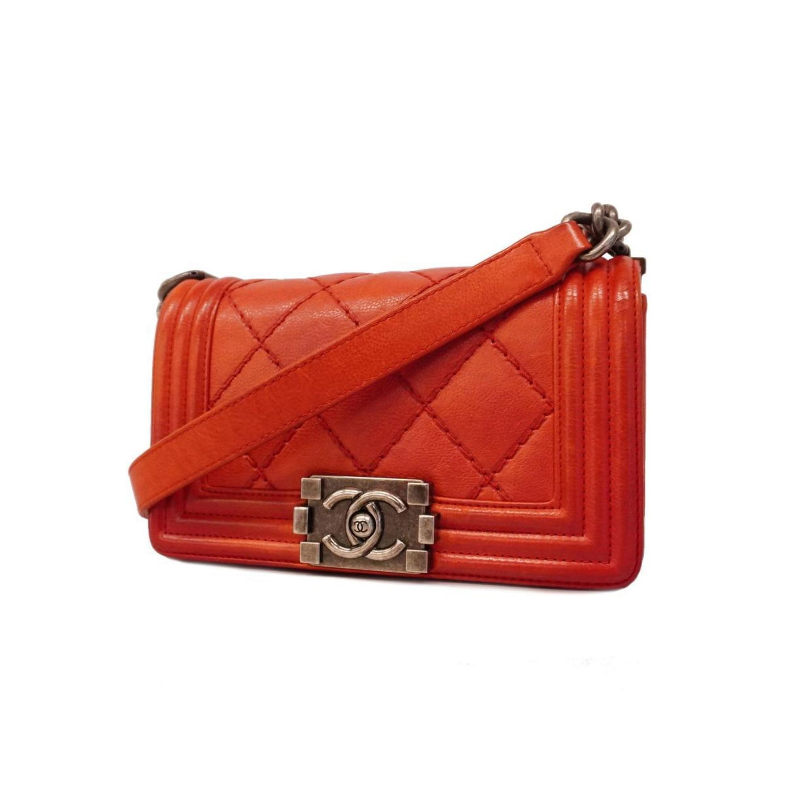 Red Leather Chanel Boy Shoulder Bag with Silver Hardware (1 of 1)