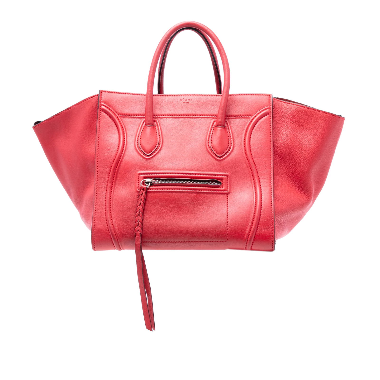 Celine Phantom Luggage Medium Tote in Red Leather: Celine Phantom Luggage Medium Tote in Red Leather This Celine Medium Phantom Luggage Tote is crafted from red leather and features rolled leather handles, an open top with a pull-through tab closure,