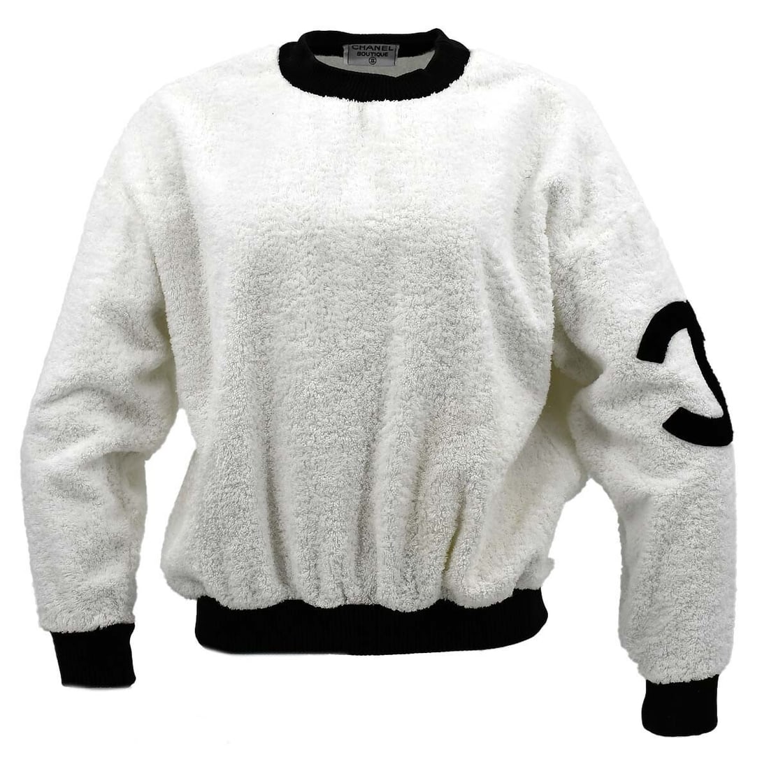 Chanel Vintage Long Sleeve Sweatshirt Top White Black Casual: Chanel Vintage Long Sleeve Sweatshirt Top White Black Casual This vintage Chanel sweatshirt top features a stylish combination of white and black colors, perfect for casual occasions. Designed with lo