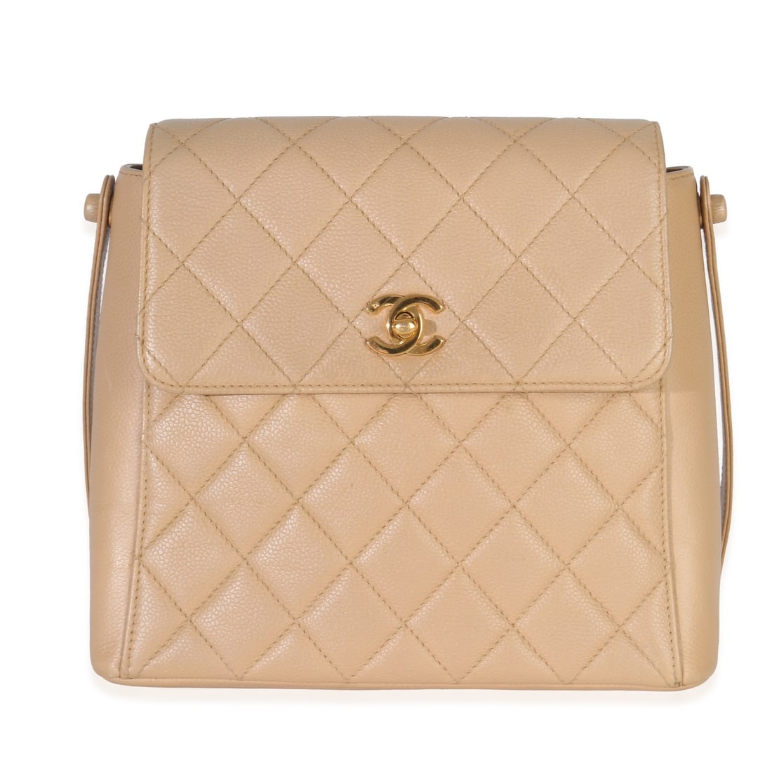 Beige Caviar Leather Chanel CC Shoulder Bag with Gold Tone Hardware: Beige Caviar Leather Chanel CC Shoulder Bag with Gold Tone Hardware This Chanel Vintage CC Shoulder Bag features beige quilted caviar leather with gold-tone hardware and a turnlock closure. The bag in
