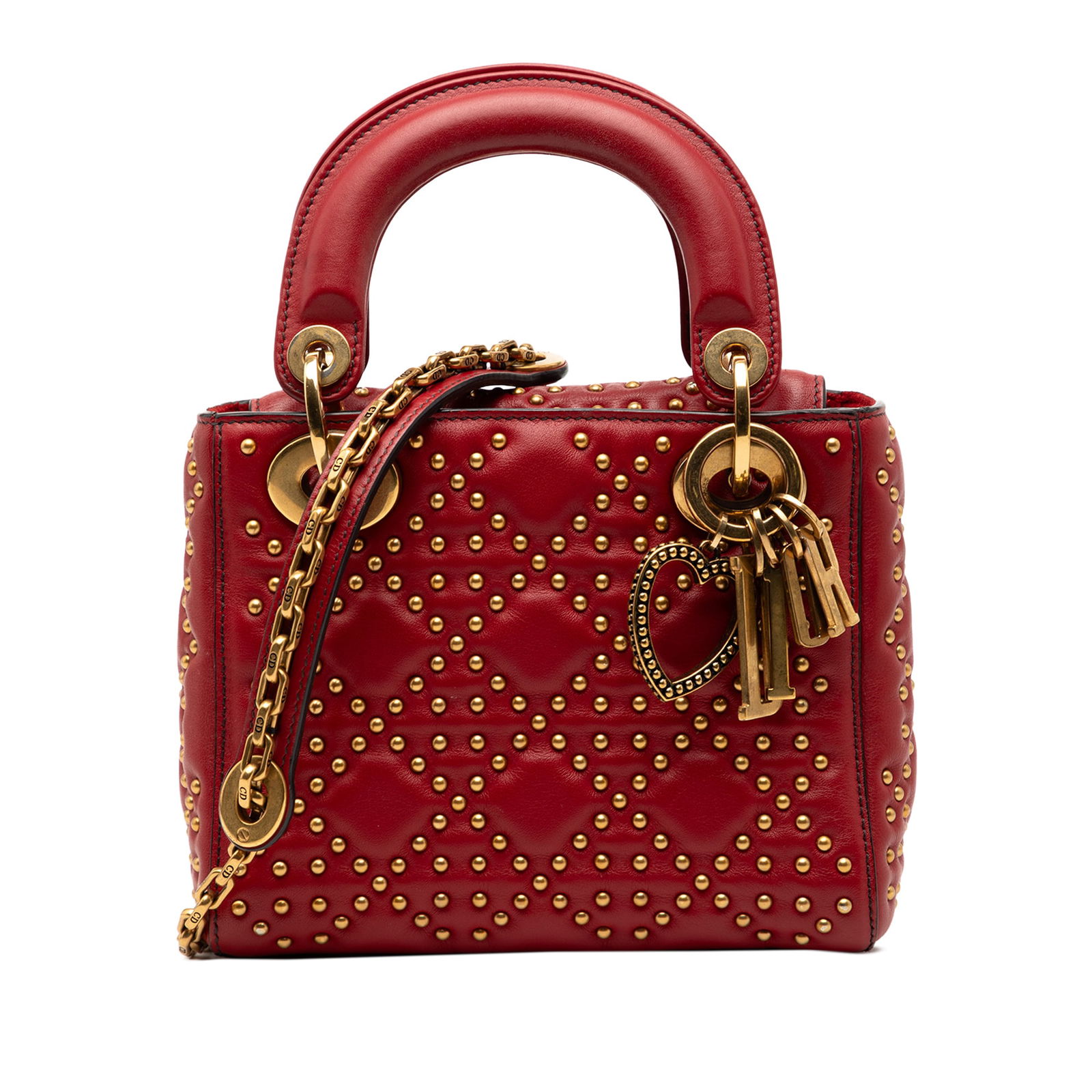 Dior Mini Lady Dior Red Lambskin Cannage Studded Satchel with Strap: Dior Mini Lady Dior Red Lambskin Cannage Studded Satchel with Strap This Lady Dior Mini bag features a red studded lambskin leather body with cannage stitching, flat handles, a detachable flat strap,