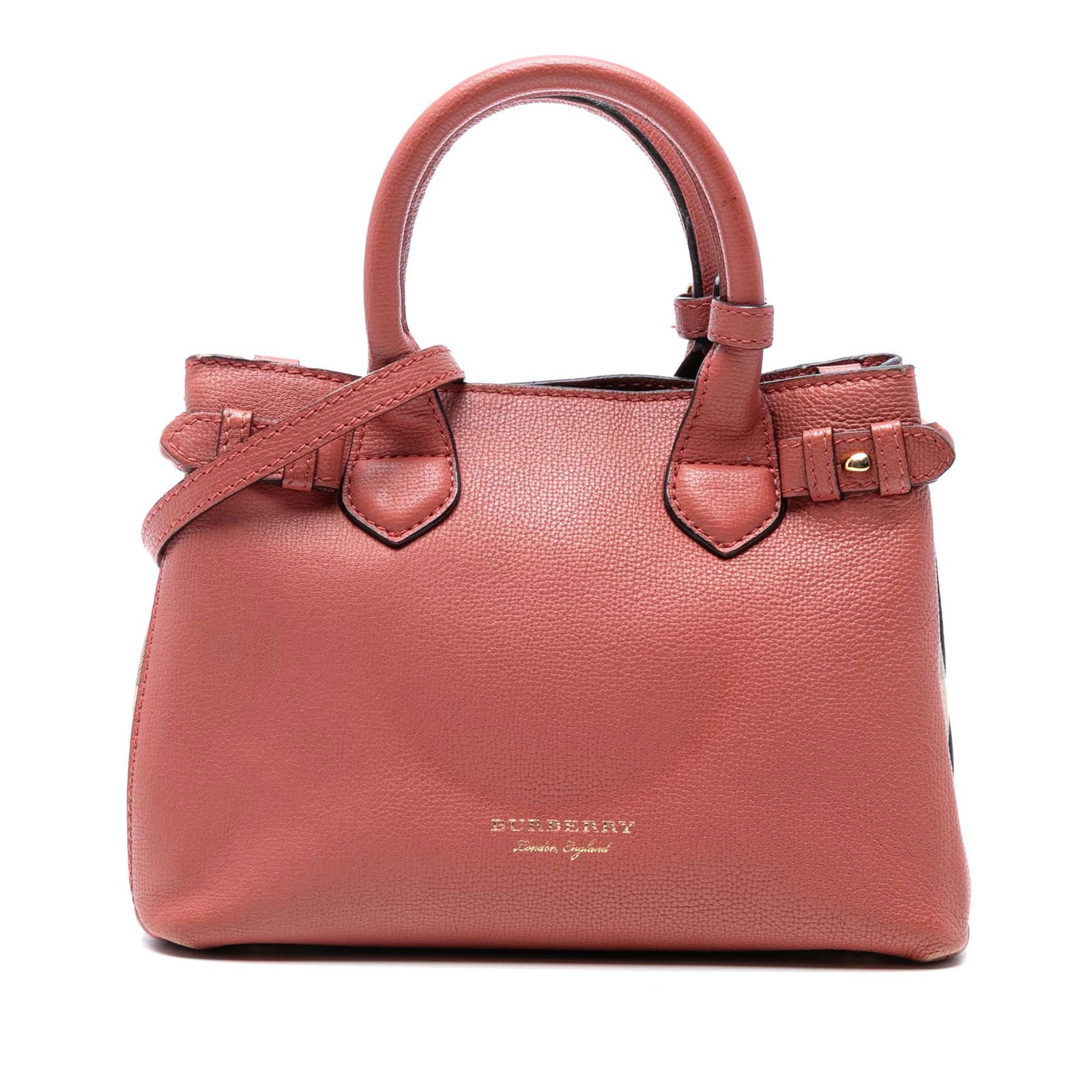 Burberry Small Grainy Calfskin Pink Banner Satchel Bag: Burberry Small Grainy Calfskin Pink Banner Satchel Bag Introducing the Burberry Small Grainy Calfskin and House Check Banner Satchel, a sophisticated accessory crafted from premium leather. This styli