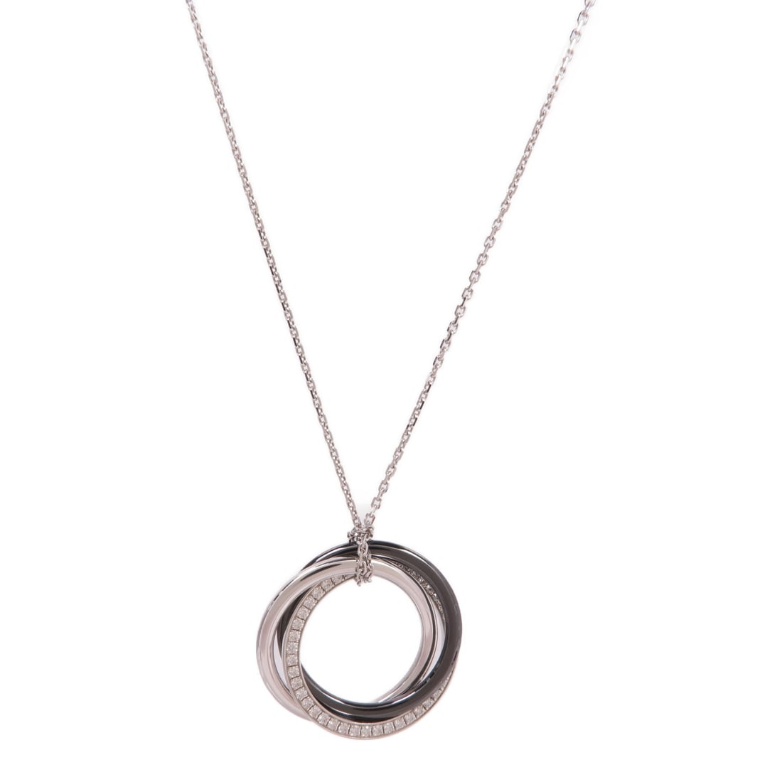 CARTIER Trinity Necklace 18K White Gold Diamond: CARTIER Trinity Necklace 18K White Gold Diamond Discover the exquisite CARTIER Trinity Necklace, a stunning piece crafted from 18K white gold and adorned with sparkling diamonds. This elegant necklace