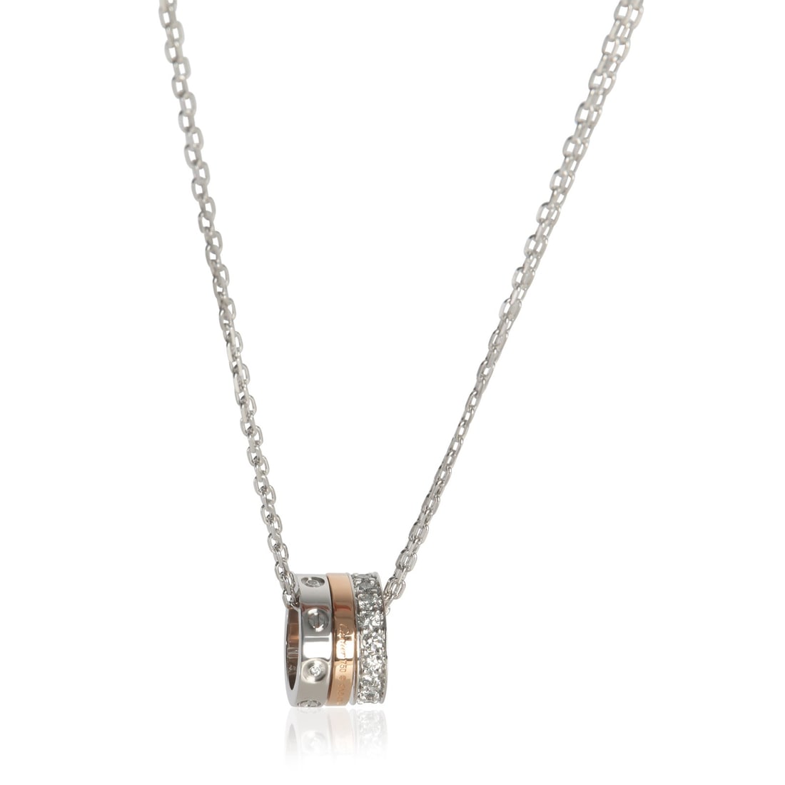 18k White and Rose Gold Cartier Love Necklace with Diamonds 16 Inch: 18k White and Rose Gold Cartier Love Necklace with Diamonds 16 Inch This Cartier Love necklace features a round brilliant pendant set with white diamonds totaling 0.20 carats. Crafted from 18k white g