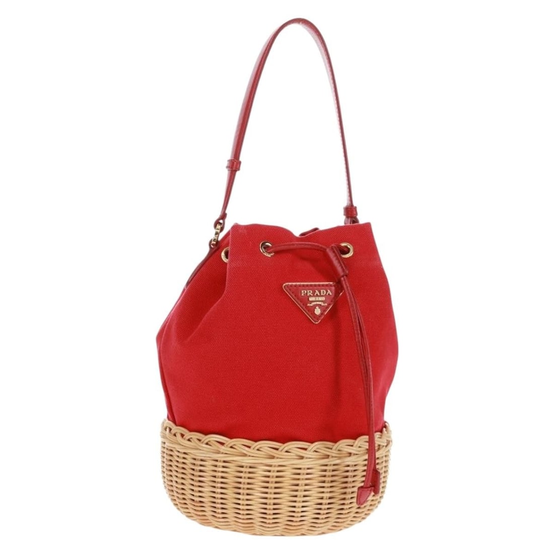 Prada Beige Red Leather Shoulder Bag with Dust Bag Italy: Prada Beige Red Leather Shoulder Bag with Dust Bag Italy This PRADA shoulder bag features a stylish combination of beige and red leather with a straw canvas design. Made in Italy, it is equipped with