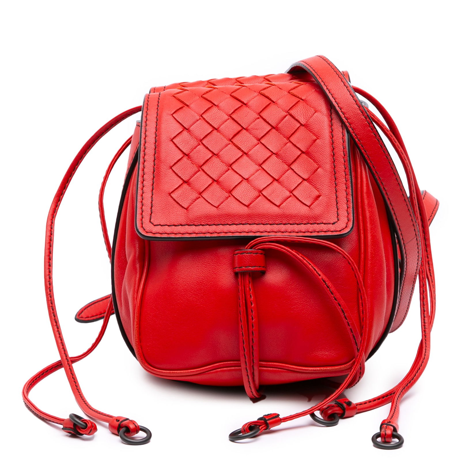 Bottega Veneta Red Nappa Intrecciato Leather Crossbody Bag: Bottega Veneta Red Nappa Intrecciato Leather Crossbody Bag Elevate your style with this exquisite Bottega Veneta Nappa Intrecciato Double Sided Flap Crossbody bag. Crafted from luxurious woven nappa l