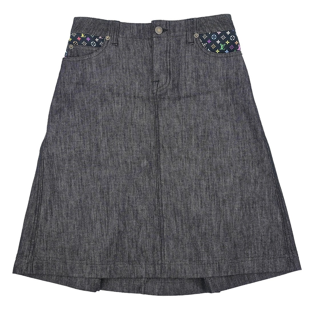 Louis Vuitton Vintage Gray Denim Skirt with Logo Accents: Louis Vuitton Vintage Gray Denim Skirt with Logo Accents This stylish Louis Vuitton denim skirt combines classic design with a modern twist. Crafted from 100% cotton, it features a zip closure, a knee