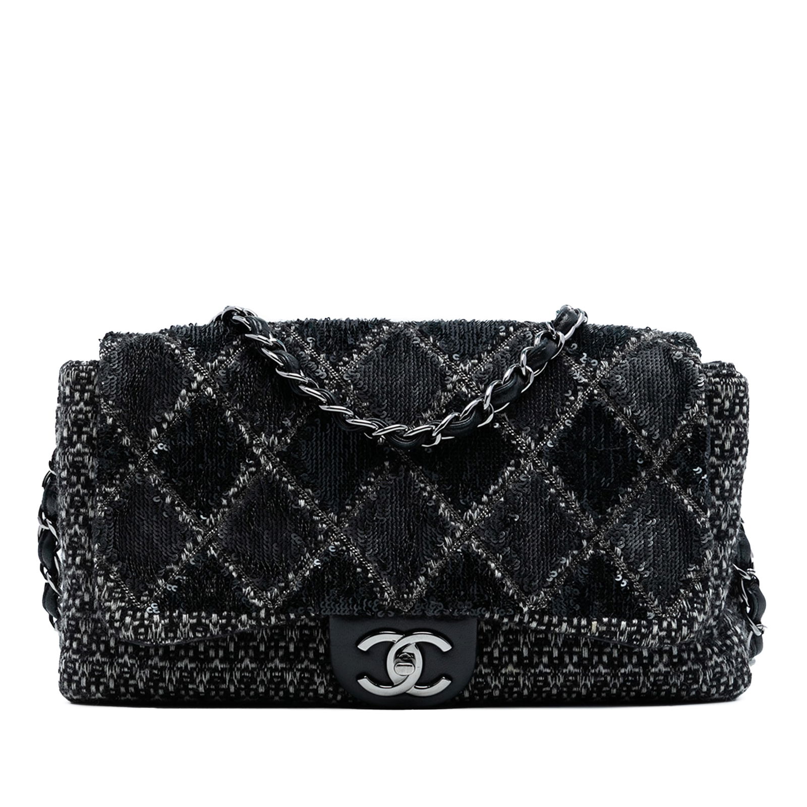 Chanel Shoulder Bag Tweed Sequin Icons Accordion Flap Black: Chanel Shoulder Bag Tweed Sequin Icons Accordion Flap Black This Chanel Large Tweed and Sequin Icons 3 Accordion Flap shoulder bag features a tweed and sequin exterior, a leather-woven chain shoulder