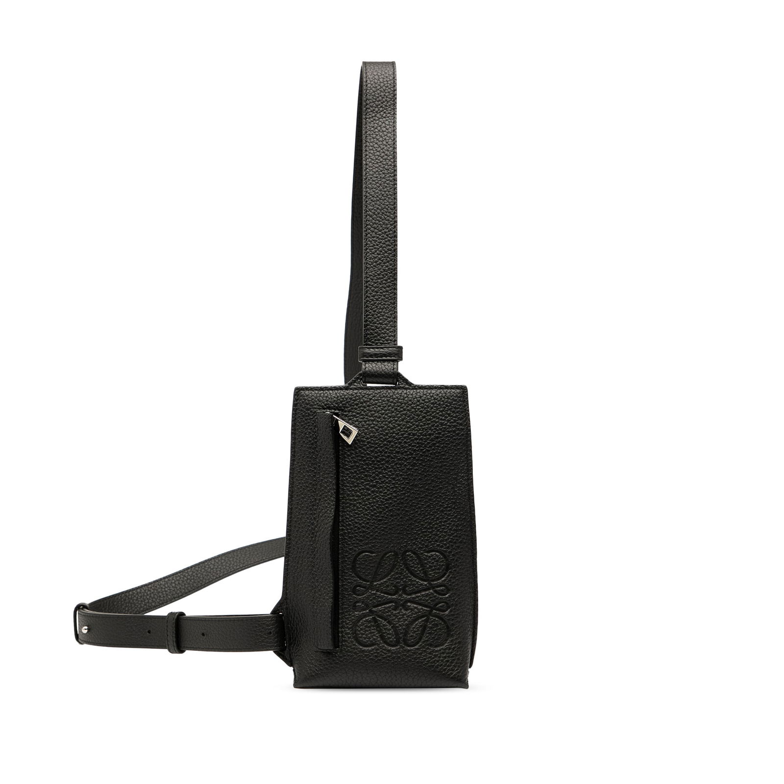 LOEWE Black Grained Calfskin Vertical T Pocket Crossbody Bag: LOEWE Black Grained Calfskin Vertical T Pocket Crossbody Bag Discover the elegance of this LOEWE Grained Calfskin Vertical T Pocket Pouch, a sophisticated crossbody bag designed for both style and