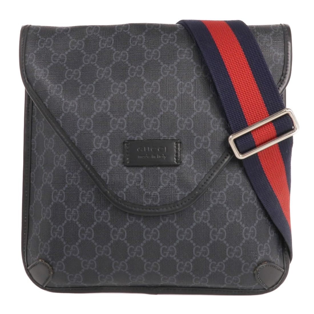 Gucci GG Supreme Black Coated Canvas Messenger Shoulder Bag Silver Hardware: Gucci GG Supreme Black Coated Canvas Messenger Shoulder Bag Silver Hardware This Gucci GG Supreme Messenger Bag features a black PVC coated canvas exterior and a sleek, structured silhouette. Designed