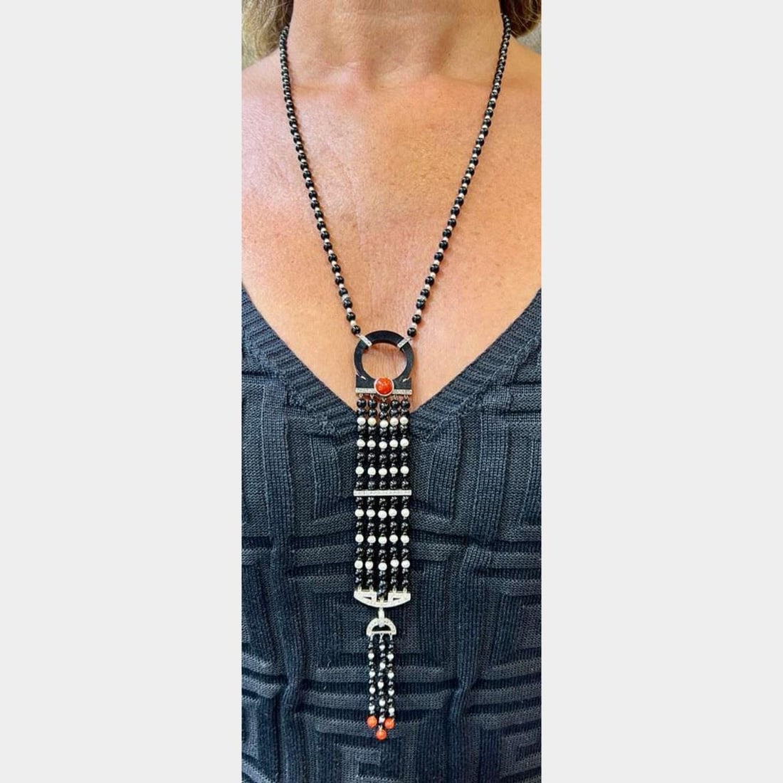 Platinum Necklace with Natural Pearls and Rose Cut Diamonds Art Deco 29 Inch: Platinum Necklace with Natural Pearls and Rose Cut Diamonds Art Deco 29 Inch This Art Deco necklace features natural pearls set in platinum, accented by approximately 1.20 carats of rose-cut diamonds.