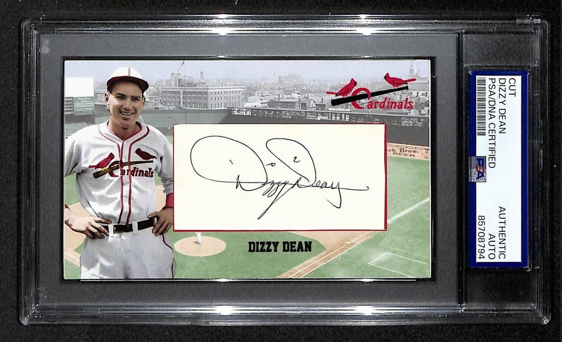 Dizzy Dean Signed Custom 3x5 Baseball Card PSA DNA Authenticated Cardinals: Dizzy Dean Signed Custom 3x5 Baseball Card PSA DNA Authenticated Cardinals This is an original Dizzy Dean Hall of Fame autographed cut card measuring 3x5 inches. It features a custom design and is aut