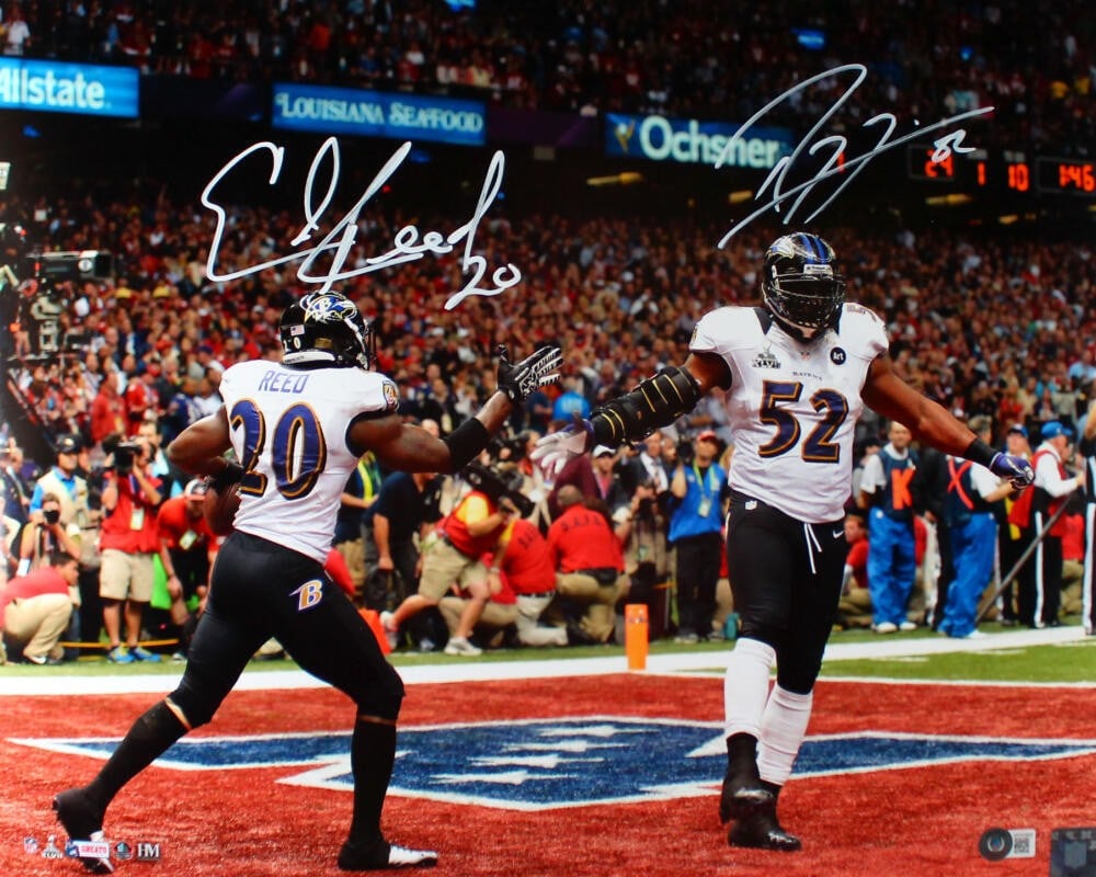 Ray Lewis Ed Reed Signed Baltimore Ravens 16x20 Photo Beckett Authenticated: Ray Lewis Ed Reed Signed Baltimore Ravens 16x20 Photo Beckett Authenticated This remarkable 16x20 photograph features the legendary Ray Lewis and Ed Reed, both autographed, celebrating their time with