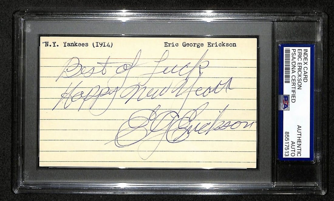 Eric Erickson 3x5 Index Card Autograph New York Yankees PSA DNA Authenticated: Eric Erickson 3x5 Index Card Autograph New York Yankees PSA DNA Authenticated This is an original Eric Erickson Signed/Autographed 3x5 Index Card featuring the 1914 New York Yankees. The item has been