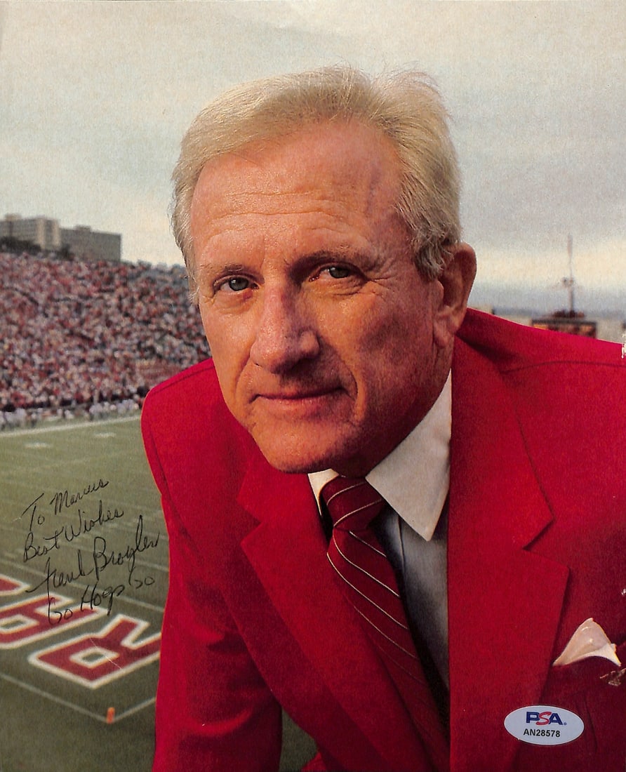 Frank Broyles Signed Inscribed 8x10 Photo University of Arkansas PSA/DNA: Frank Broyles Signed Inscribed 8x10 Photo University of Arkansas PSA/DNA This is an original, signed, and inscribed 8x10 magazine photo featuring Frank Broyles, the legendary football coach from the U