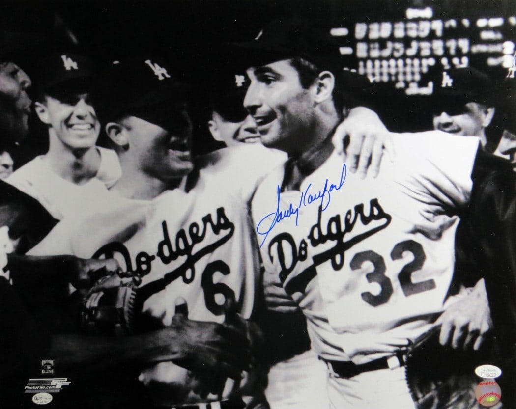 Sandy Koufax Signed 16X20 Dodgers No Hitter Photo JSA Authenticated: Sandy Koufax Signed 16X20 Dodgers No Hitter Photo JSA Authenticated Celebrate the remarkable achievement of Sandy Koufax with this autographed 16"x20" photo capturing his no-hitter celebration. This o