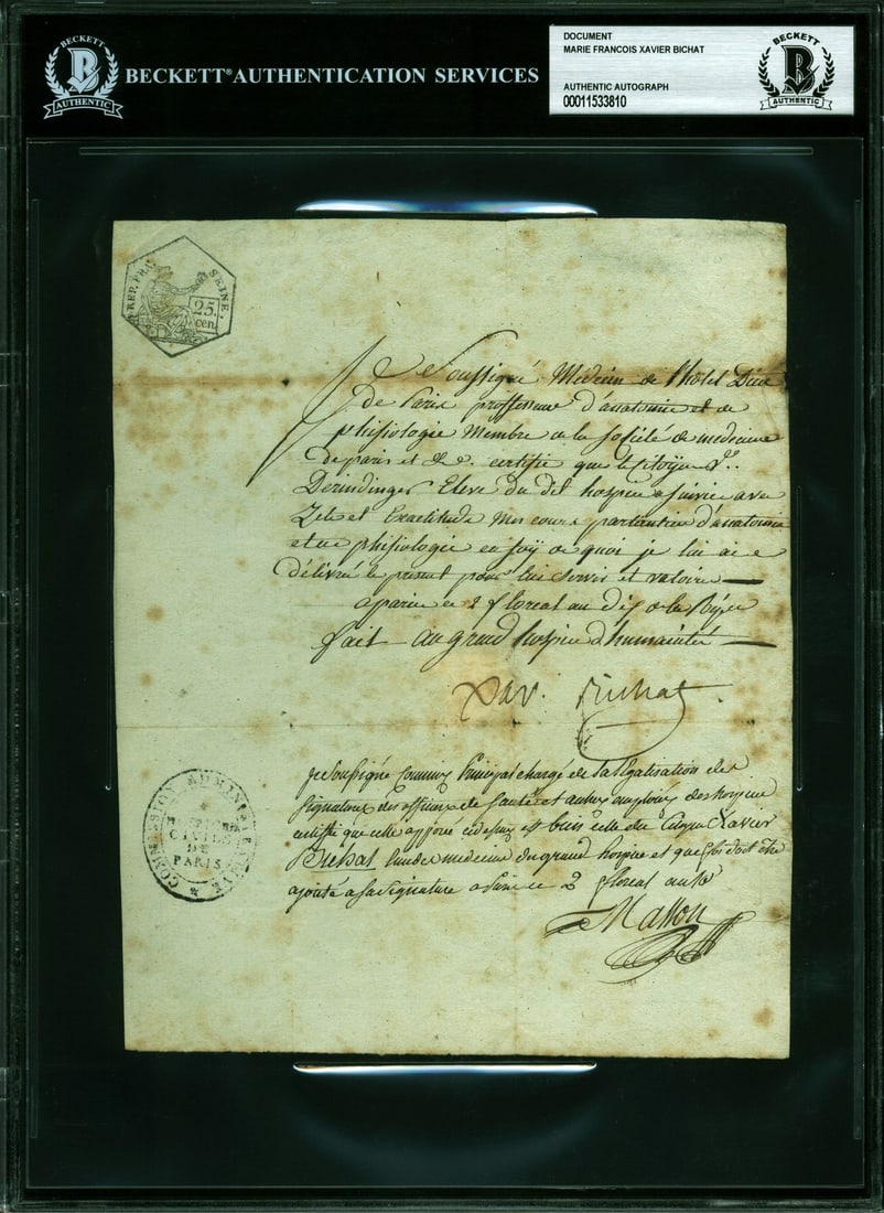 Marie Francois Xavier Bichat Signed Manuscript 6.75x8.25 Beckett Authenticated: Marie Francois Xavier Bichat Signed Manuscript 6.75x8.25 Beckett Authenticated This remarkable manuscript, measuring 6.75 x 8.25 inches, is an authentic signed piece by Marie Francois Xavier Bichat, a