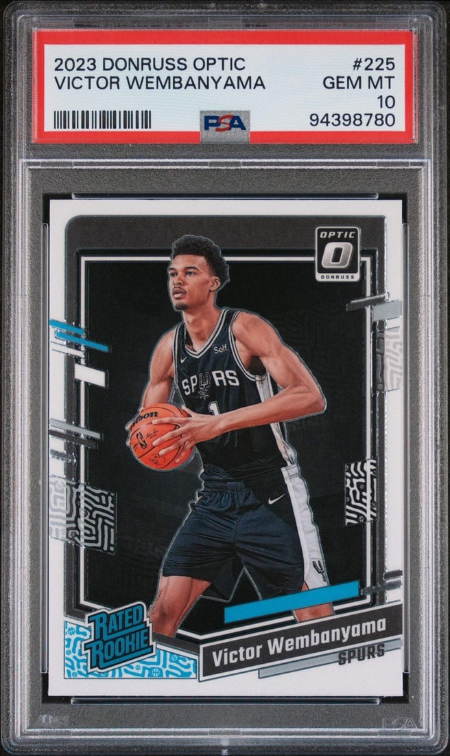Graded 2023 Donruss Optic Victor Wembanyama #225 PSA 10 Basketball Card: Graded 2023 Donruss Optic Victor Wembanyama #225 PSA 10 Basketball Card This is a graded 2023 Donruss Optic Victor Wembanyama #225 RC Basketball Card, receiving a prestigious PSA 10 Gem grade. Authent