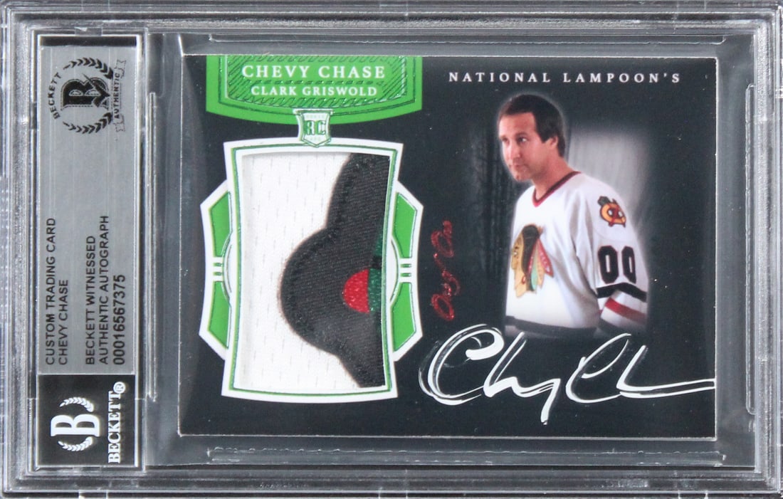 Chevy Chase Signed Relic Card National Lampoon's Christmas Vacation One of One Beckett Authenticated: Chevy Chase Signed Relic Card National Lampoon's Christmas Vacation One of One Beckett Authenticated Celebrate the holiday spirit with this unique relic card featuring the autograph of Chevy Chase, kn