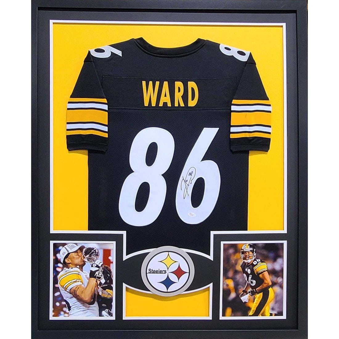 Framed Pittsburgh Steelers Jersey Signed by Hines Ward with JSA Authentication: Framed Pittsburgh Steelers Jersey Signed by Hines Ward with JSA Authentication This framed Pittsburgh Steelers jersey is autographed by Hines Ward and authenticated by JSA. The display features detail