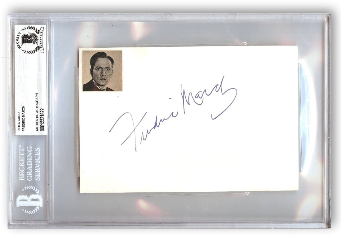 Frederic March Autographed Index Card Dr Jekyll and Mr Hyde Beckett Authenticated: Frederic March Autographed Index Card Dr Jekyll and Mr Hyde Beckett Authenticated This is an original autographed index card signed by Frederic March, known for his role in 'Dr. Jekyll and Mr. Hyde.'